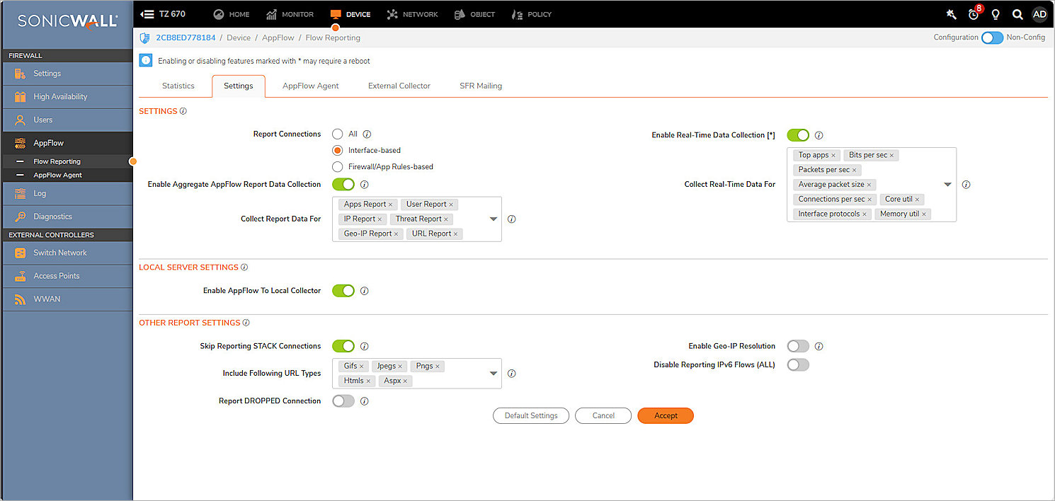 Screenshot of SonicWall, NetFlow Profile 1